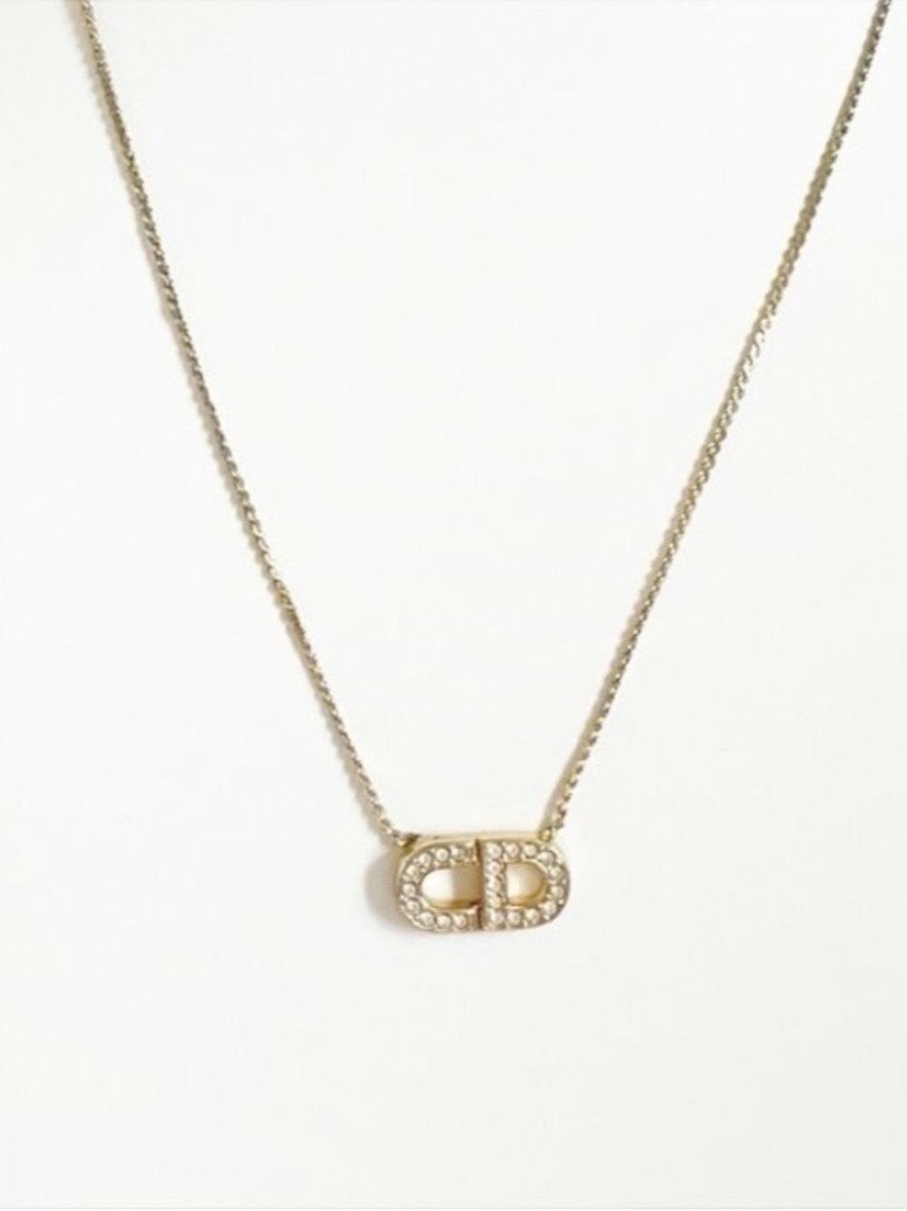 DIOR Vintage Gold Tone Diamante Logo Pendant Necklace